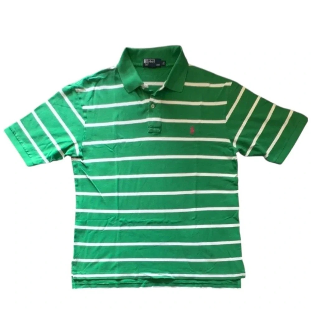 Polo Ralph Lauren Mens Green White Striped Short Sleeve Polo Shirt LT Tall